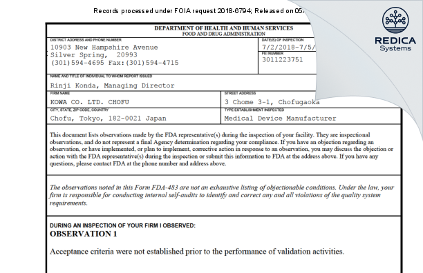 FDA 483 - KOWA CO. LTD. CHOFU [Chofu / Japan] - Download PDF - Redica Systems