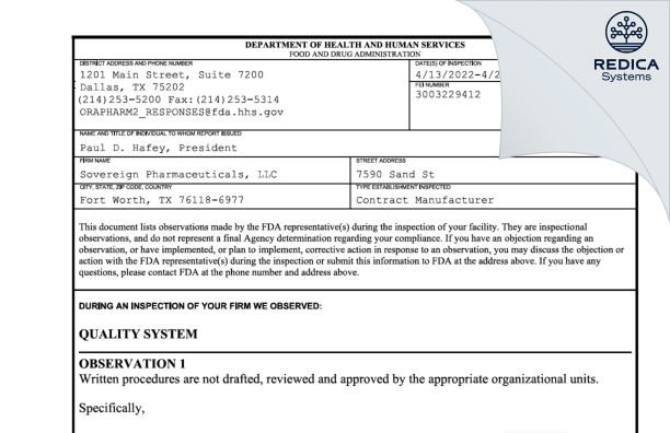FDA 483 - Sovereign Pharmaceuticals, LLC [Fort Worth / United States of America] - Download PDF - Redica Systems