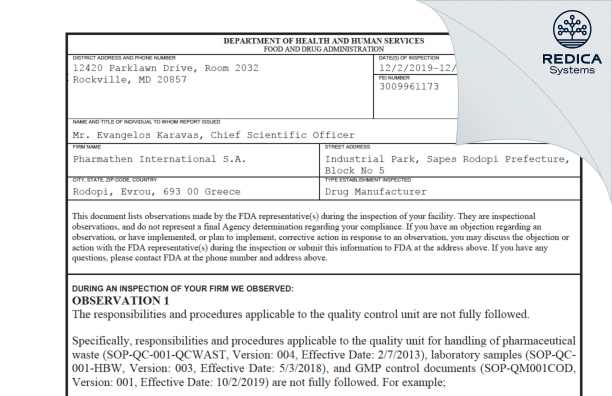 FDA 483 - PHARMATHEN INTERNATIONAL S.A. [Sapes / Greece] - Download PDF - Redica Systems