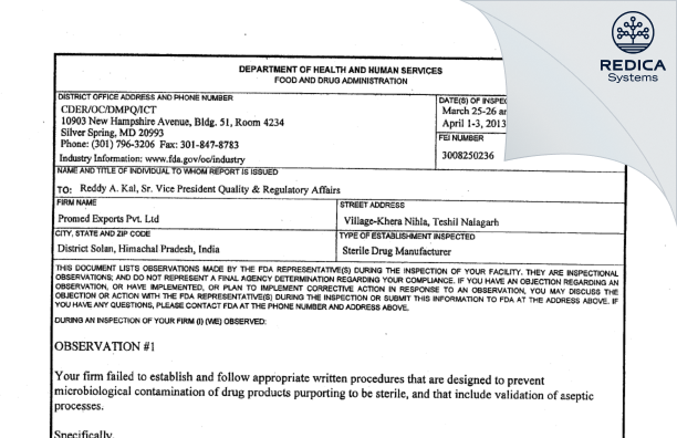 FDA 483 - Sentiss Pharma Private Limited [India / India] - Download PDF - Redica Systems