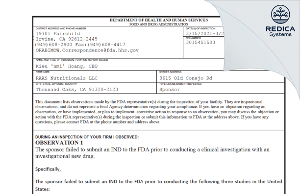 FDA 483 - RAAS Inc. [Thousand Oaks / United States of America] - Download PDF - Redica Systems