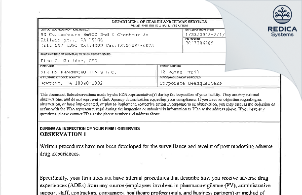 FDA 483 - VIRTUS PHARMACEUTICALS LLC. [Newtown / United States of America] - Download PDF - Redica Systems