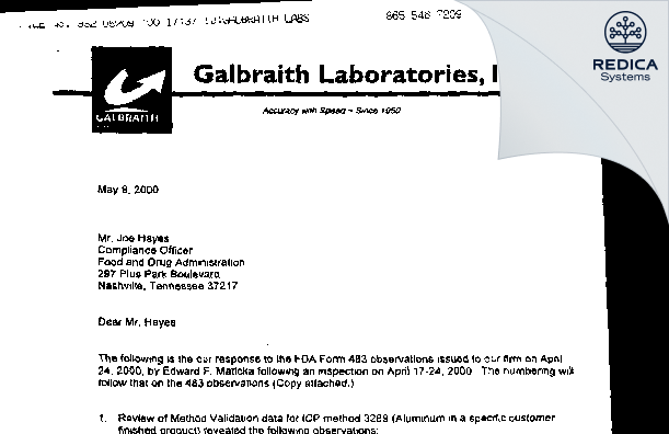 FDA 483 Response - Galbraith Laboratories, Inc. [Knoxville / United States of America] - Download PDF - Redica Systems