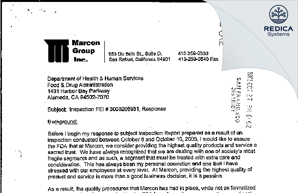 FDA 483 Response - Marcon Group Inc [San Rafael / United States of America] - Download PDF - Redica Systems