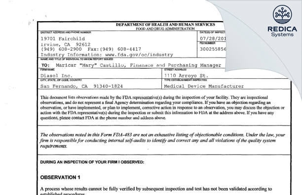 FDA 483 - Diasol Inc. [San Fernando / United States of America] - Download PDF - Redica Systems