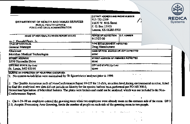 FDA 483 - Meridian Medical Technologies, LLC [Bridgeton / United States of America] - Download PDF - Redica Systems