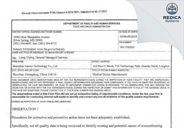 FDA 483 - Shenzhen Jiacom Technology Co., Ltd [Shenzhen / China] - Download PDF - Redica Systems