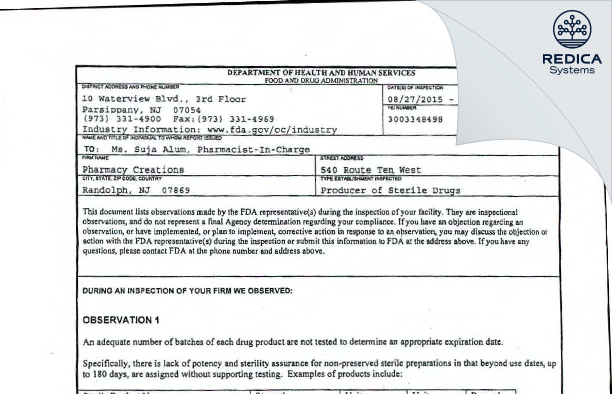 FDA 483 - ImprimisRx NJ [Ledgewood / United States of America] - Download PDF - Redica Systems