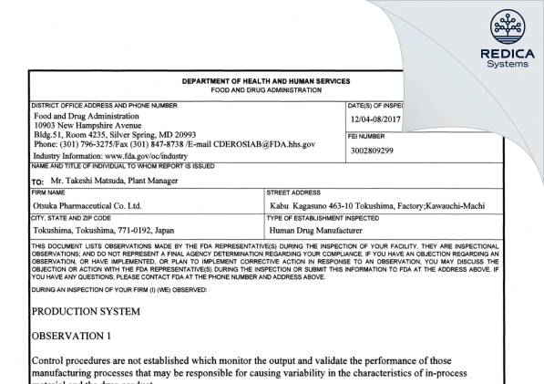 FDA 483 - Otsuka Pharmaceutical Co Ltd [Tokushima Tokushima / Japan] - Download PDF - Redica Systems