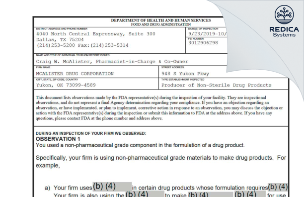 FDA 483 - MCALISTER DRUG CORPORATION [Yukon / United States of America] - Download PDF - Redica Systems