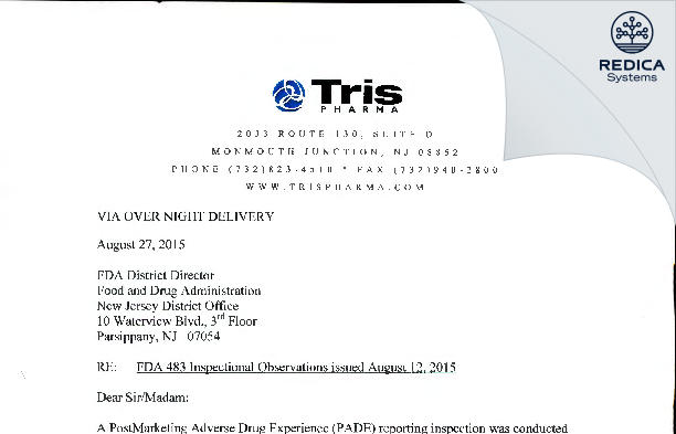 FDA 483 Response - Tris Pharma Inc [Monmouth Junction / United States of America] - Download PDF - Redica Systems