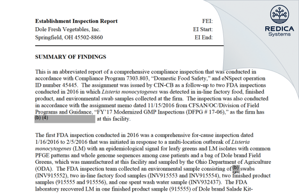 EIR - Dole Fresh Vegetables, Inc. [Springfield / United States of America] - Download PDF - Redica Systems