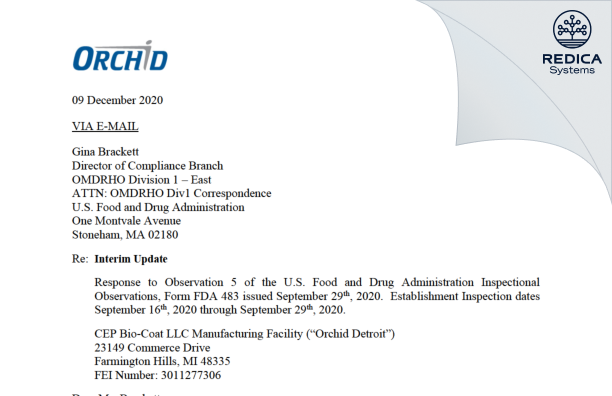 FDA 483 Response - CEP Bio-Coat, LLC [Farmington Hills / United States of America] - Download PDF - Redica Systems