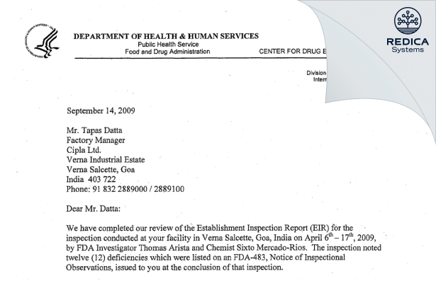 FDA 483 - CIPLA LIMITED [India / India] - Download PDF - Redica Systems