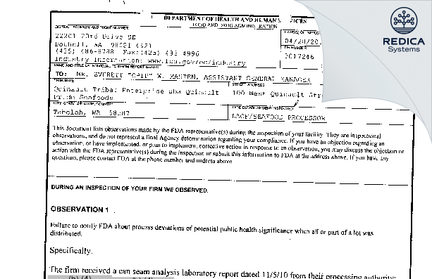 FDA 483 - Quinault Pride Seafood [Taholah / United States of America] - Download PDF - Redica Systems