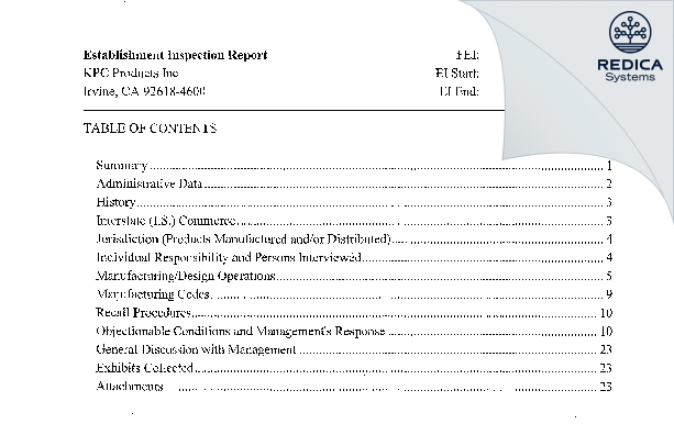 EIR - KPC Products Inc [Irvine / United States of America] - Download PDF - Redica Systems