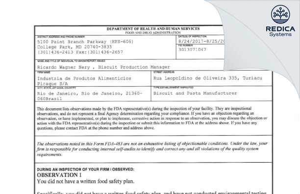 FDA 483 - PIRAQUE [Rio De Janeiro / Brazil] - Download PDF - Redica Systems