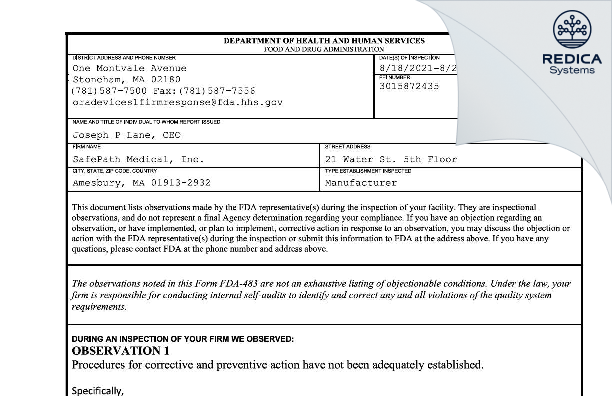 FDA 483 - SafePath Medical, Inc. [Amesbury / United States of America] - Download PDF - Redica Systems