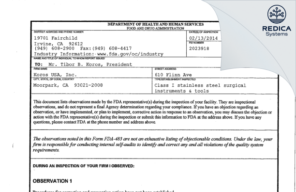 FDA 483 - Koros USA, Inc. [Moorpark / United States of America] - Download PDF - Redica Systems