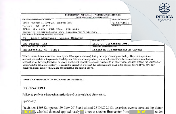 FDA 483 - CSL Plasma, Inc. [Springfield / United States of America] - Download PDF - Redica Systems