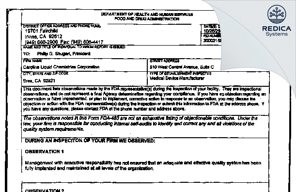 FDA 483 - Carolina Liquid Chemistries Corp [Brea / United States of America] - Download PDF - Redica Systems