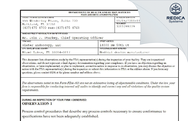 FDA 483 - Slater Endoscopy, LLC [Miramar / United States of America] - Download PDF - Redica Systems