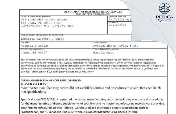 FDA 483 - Vacunda & Design [Camuy / United States of America] - Download PDF - Redica Systems