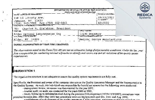 FDA 483 - Alden Optical [Lancaster / United States of America] - Download PDF - Redica Systems