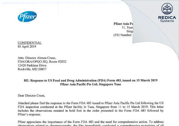 FDA 483 Response - Pfizer Asia Manufacturing Pte Ltd [Singapore / Singapore] - Download PDF - Redica Systems