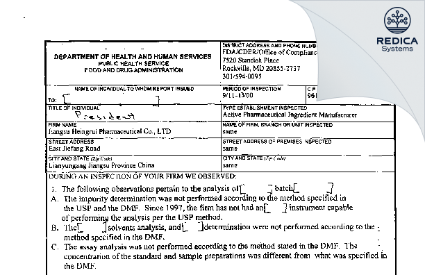 FDA 483 - Jiangsu Heingrui Pharmaceuticals Co., LTD [Lianyungang / China] - Download PDF - Redica Systems