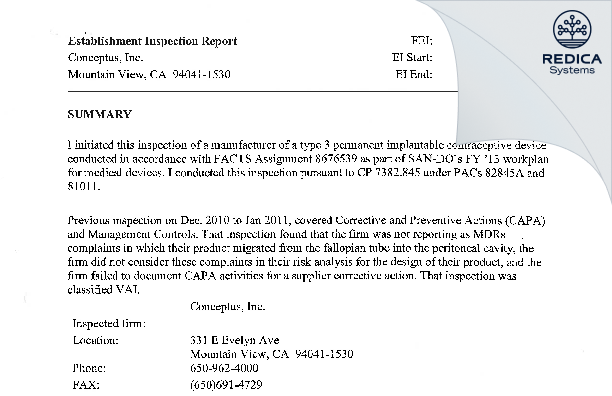 EIR - Bayer Healthcare, LLC [Milpitas / United States of America] - Download PDF - Redica Systems