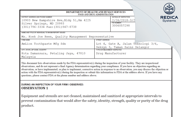 FDA 483 - AmLion Toothpaste Mfg. Sdn. Bhd. [Petaling Jaya / Malaysia] - Download PDF - Redica Systems