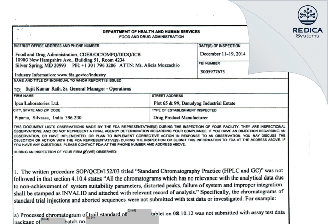 FDA 483 - Ipca Laboratories Limited [India / India] - Download PDF - Redica Systems