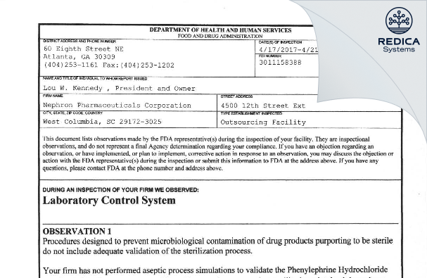 FDA 483 - Nephron Sterile Compounding Center, LLC [West Columbia / United States of America] - Download PDF - Redica Systems