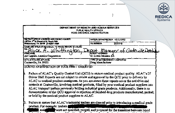FDA 483 - Airgas Usa, LLC [Coatesville Pennsylvania / United States of America] - Download PDF - Redica Systems
