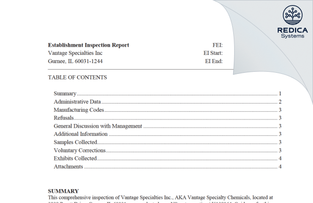 EIR - Vantage Specialties, Inc [Gurnee / United States of America] - Download PDF - Redica Systems