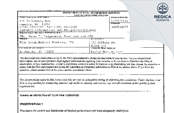 FDA 483 - Blue Ocean Medical Products, LLC [Rochester / United States of America] - Download PDF - Redica Systems