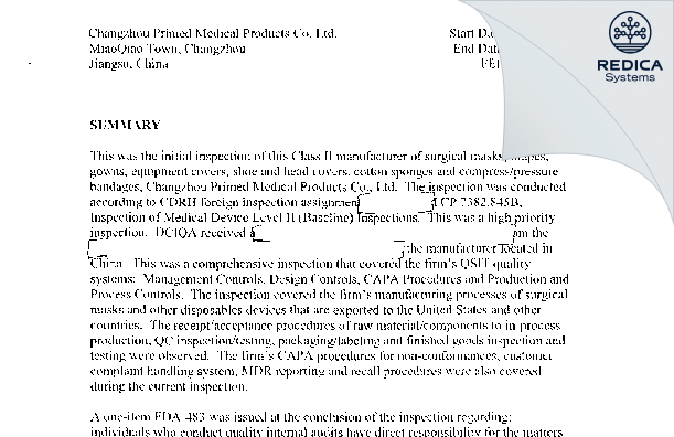 EIR - Changzhou Primed Medical Products Co., Ltd. [Miaoqiao Town / China] - Download PDF - Redica Systems