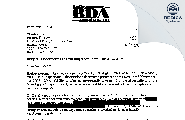 FDA 483 Response - Biodevelopment Associates, Llc [Mountlake Terrace / United States of America] - Download PDF - Redica Systems