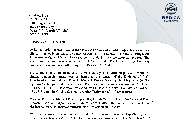 EIR - IND Diagnostic Inc. [Delta / Canada] - Download PDF - Redica Systems