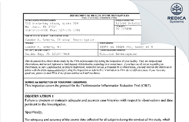 FDA 483 - Sandor A. Romero, MD [Cutler Bay / United States of America] - Download PDF - Redica Systems