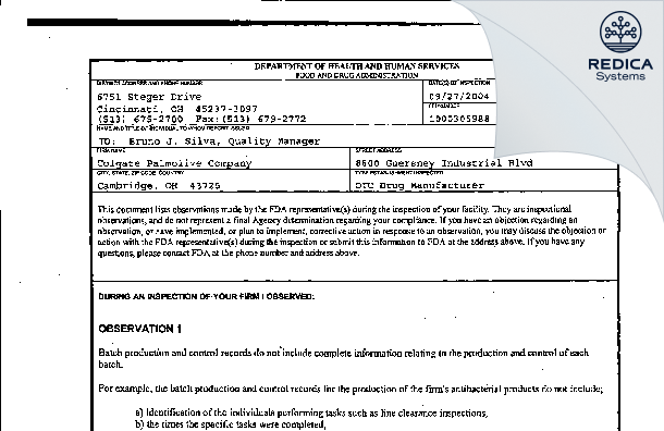 FDA 483 - Colgate Palmolive Company [Cambridge / United States of America] - Download PDF - Redica Systems
