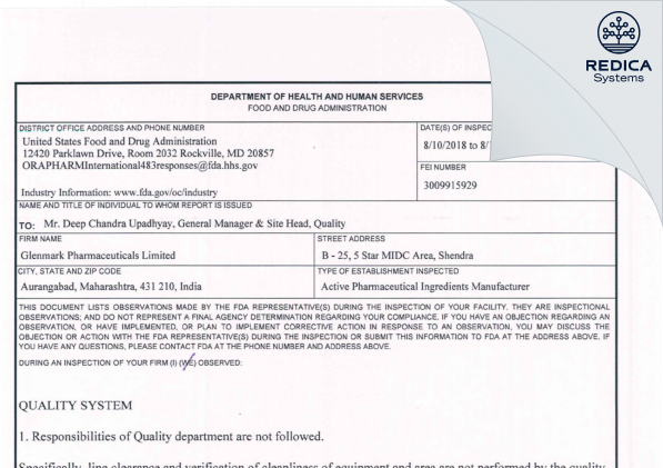 FDA 483 - Glenmark Pharmaceuticals Limited [India / India] - Download PDF - Redica Systems