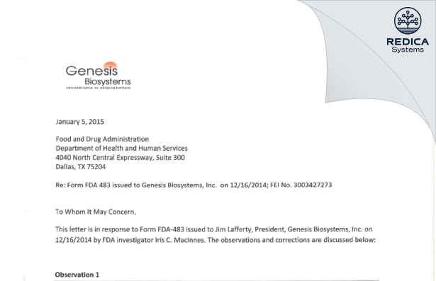 FDA 483 Response - Genesis Biosystems, Inc [Lewisville / United States of America] - Download PDF - Redica Systems
