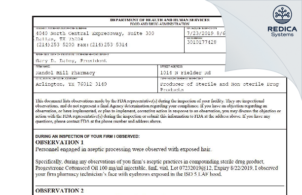FDA 483 - Randol Mill Pharmacy [Arlington / United States of America] - Download PDF - Redica Systems