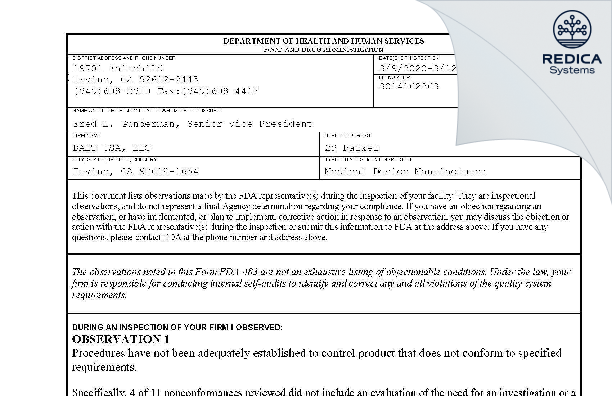 FDA 483 - BALT USA, LLC [Irvine / United States of America] - Download PDF - Redica Systems