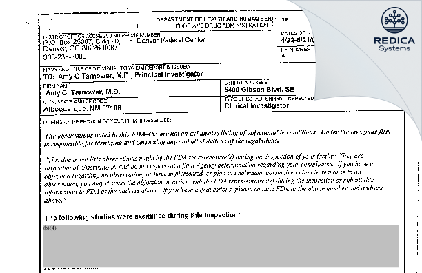 FDA 483 - Amy C Tarnower, M.D. [Albuquerque / United States of America] - Download PDF - Redica Systems
