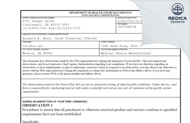 FDA 483 - CellEra LLC [Monroe / United States of America] - Download PDF - Redica Systems