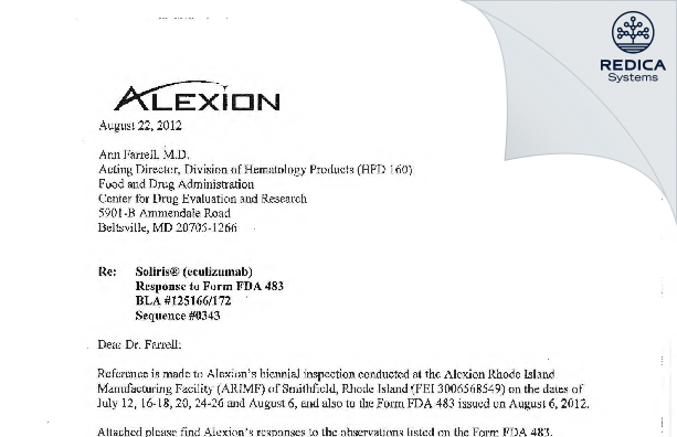 FDA 483 Response - Alexion Pharmaceuticals, Inc. [Smithfield / United States of America] - Download PDF - Redica Systems