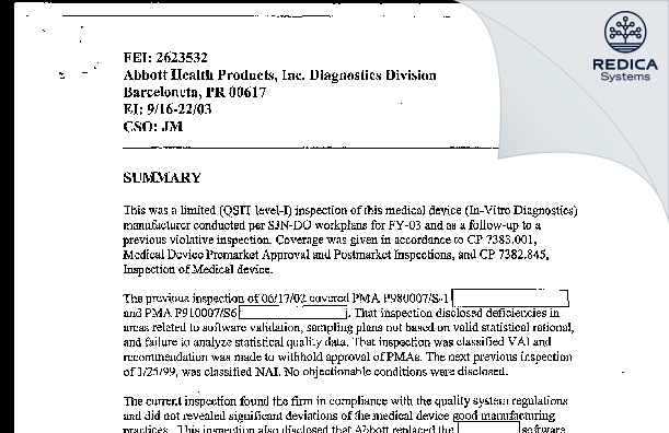 EIR - Abbott Diagnostics International, Ltd. [Barceloneta / United States of America] - Download PDF - Redica Systems